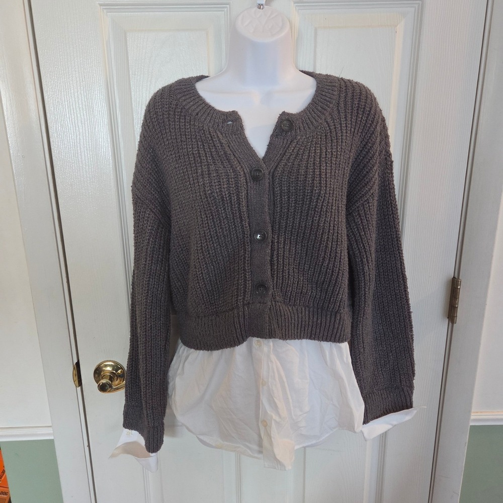Anthropologie Sz S Layered Cardigan Sweater Grey Ribbed Knit White Shirt Preppy